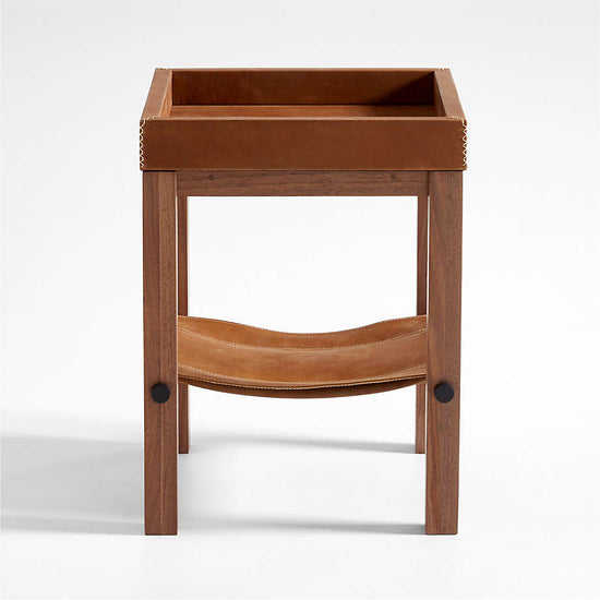 Runwell Leather and Wood End Table with Shelf